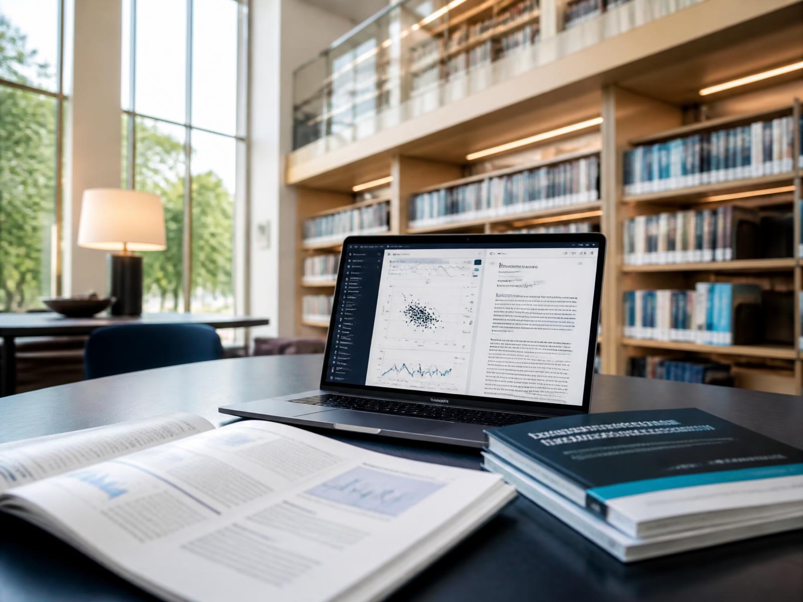 Biblioteca universitária contemporânea com artigos científicos impressos e um notebook exibindo análise de dados de pesquisa
